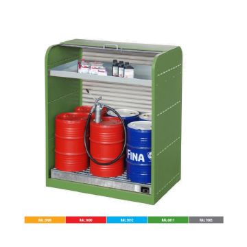 Staal gelakte opslagdepot met roldeur - voor 6 vaten à 60 liter en kleinverpakkingen